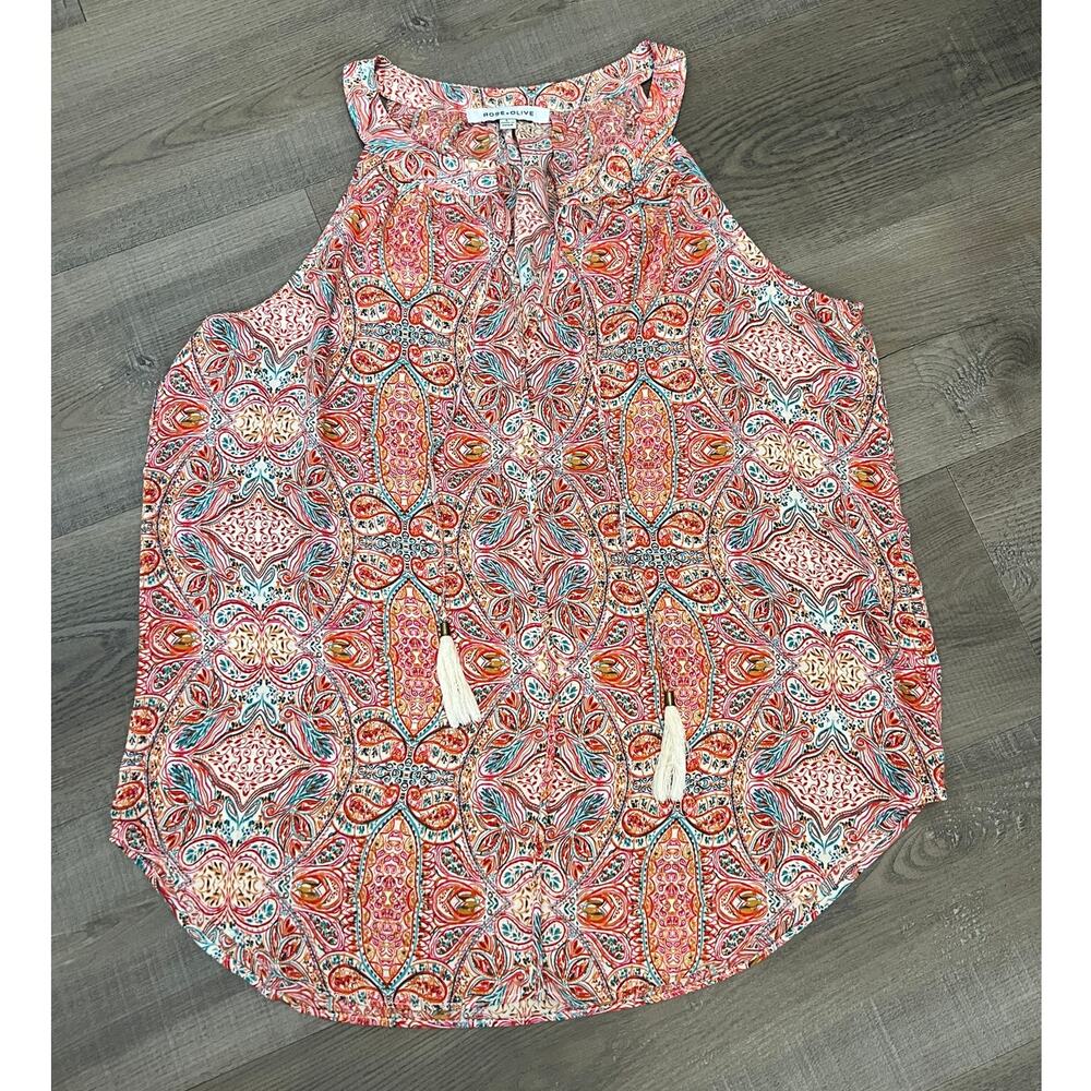 Rose + Olive Boho Indie Print Lightweight Sleeveless Top